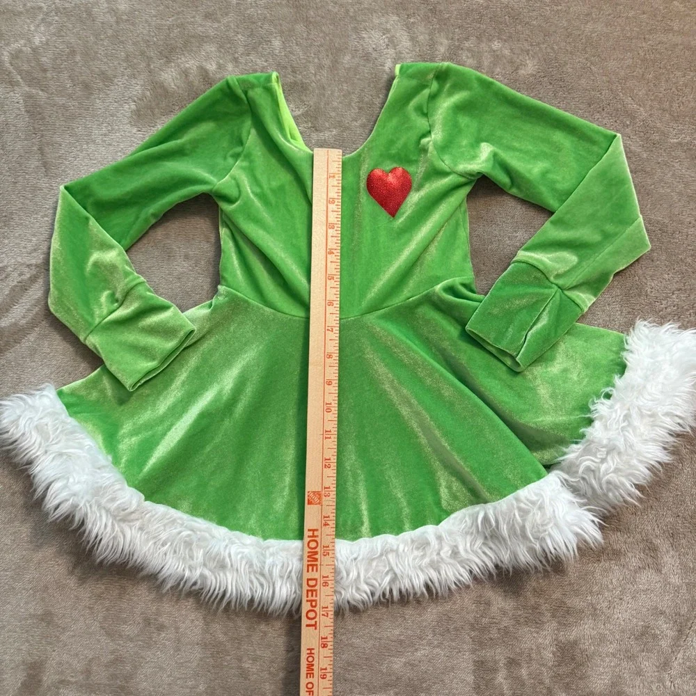 Green Velvet Christmas Dress Faux Fur Trim Red Heart Holiday Costume Kids